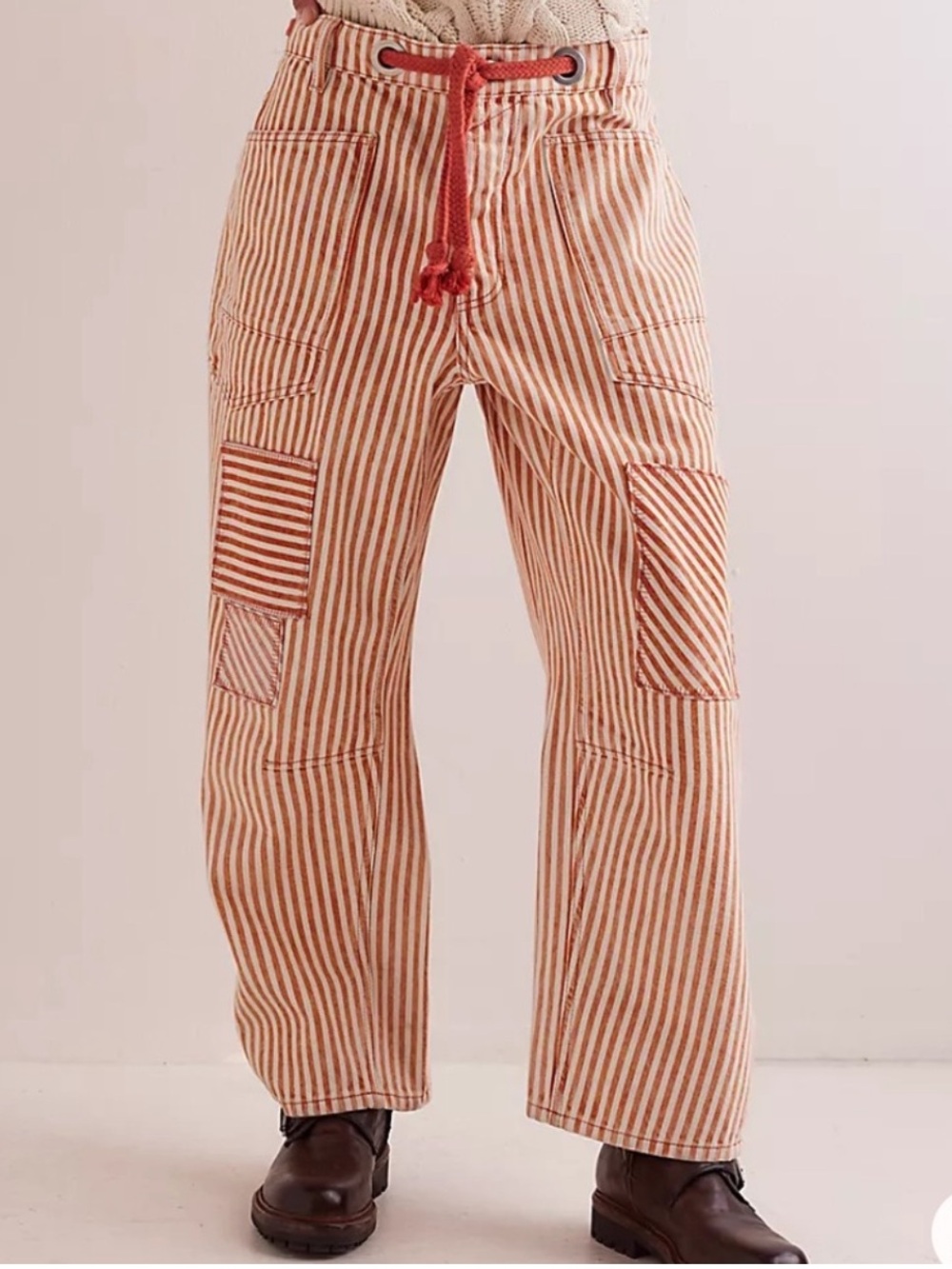 Free People Striped Moxie Railroad Low Slung Barrel Jeans Citrus Orange Stripes
